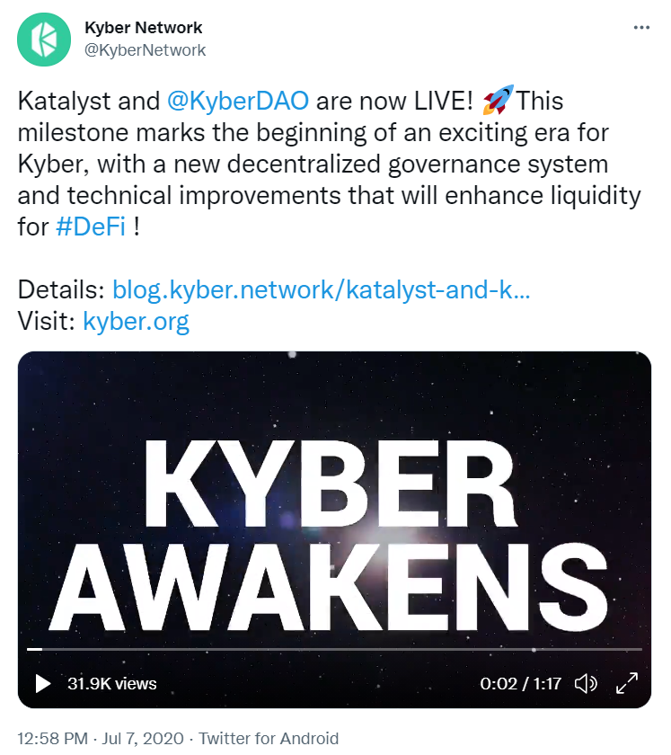 Katalyst and Kyber Dao are  now live tweeted by @kybernetwork 