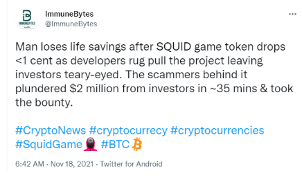 Squid game rug pull tweeted by Immunebytes