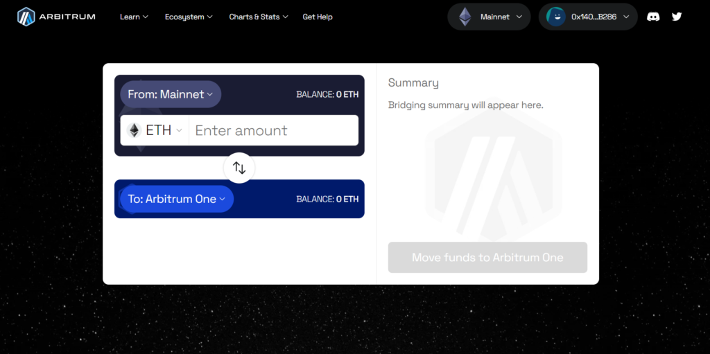 Login to Arbitrum Bridge with your Metamask wallet while making sure you are connected to the Ethernet Layer-1 network